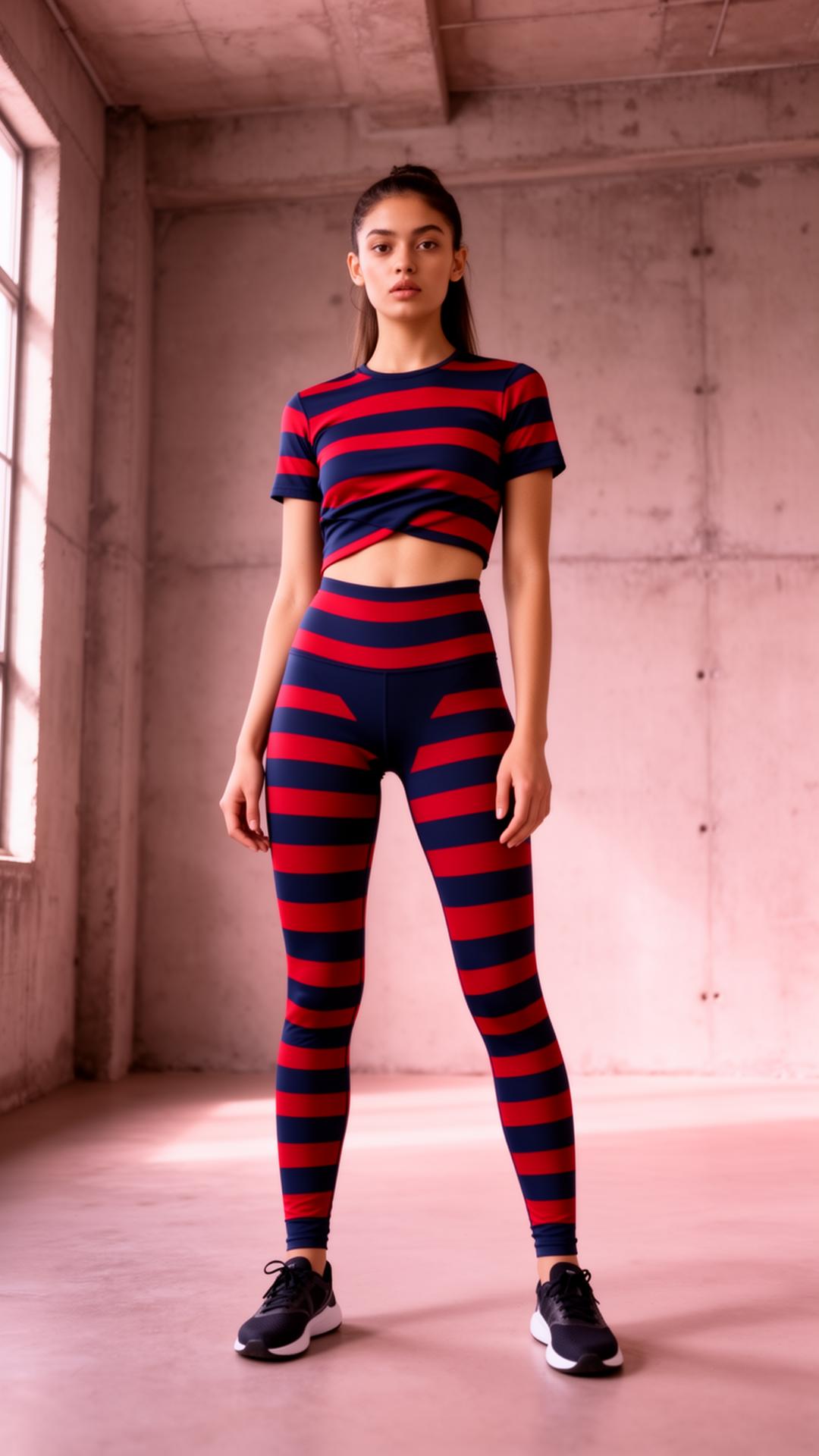 Model wearing the navy and red ARAIN Two-Piece Sculpt Set